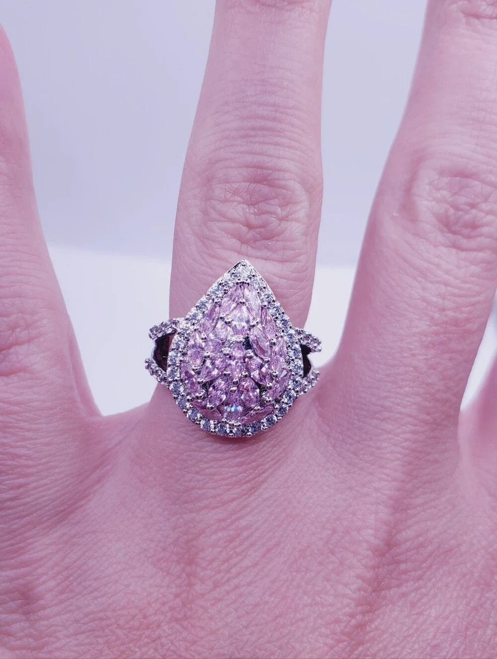 Pink Ice Teardrop Cluster Halo Ring - 925 Sterling Silver